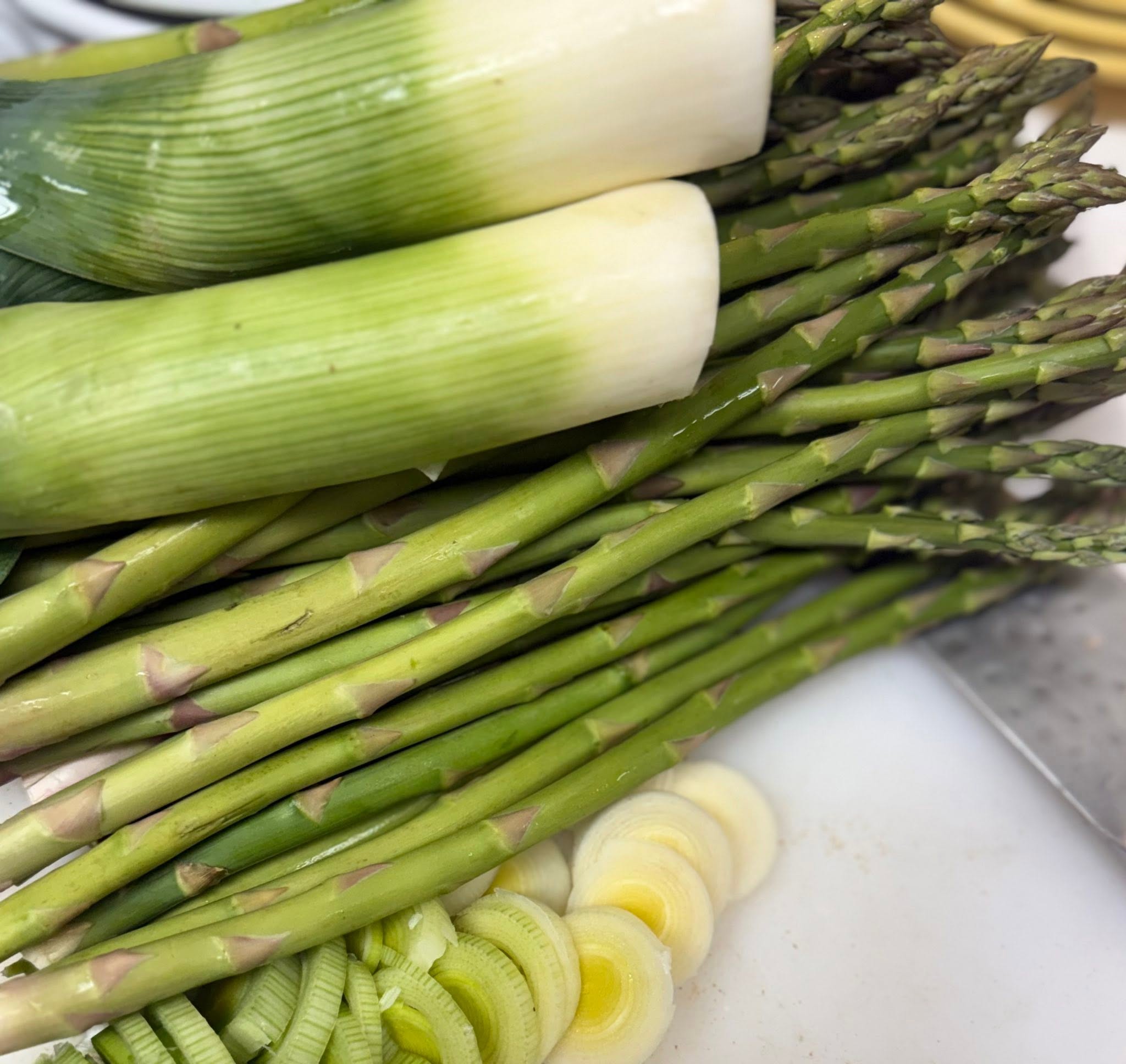 Fresh asparagus and leeks ready for cooking at Sunnyside Cafe